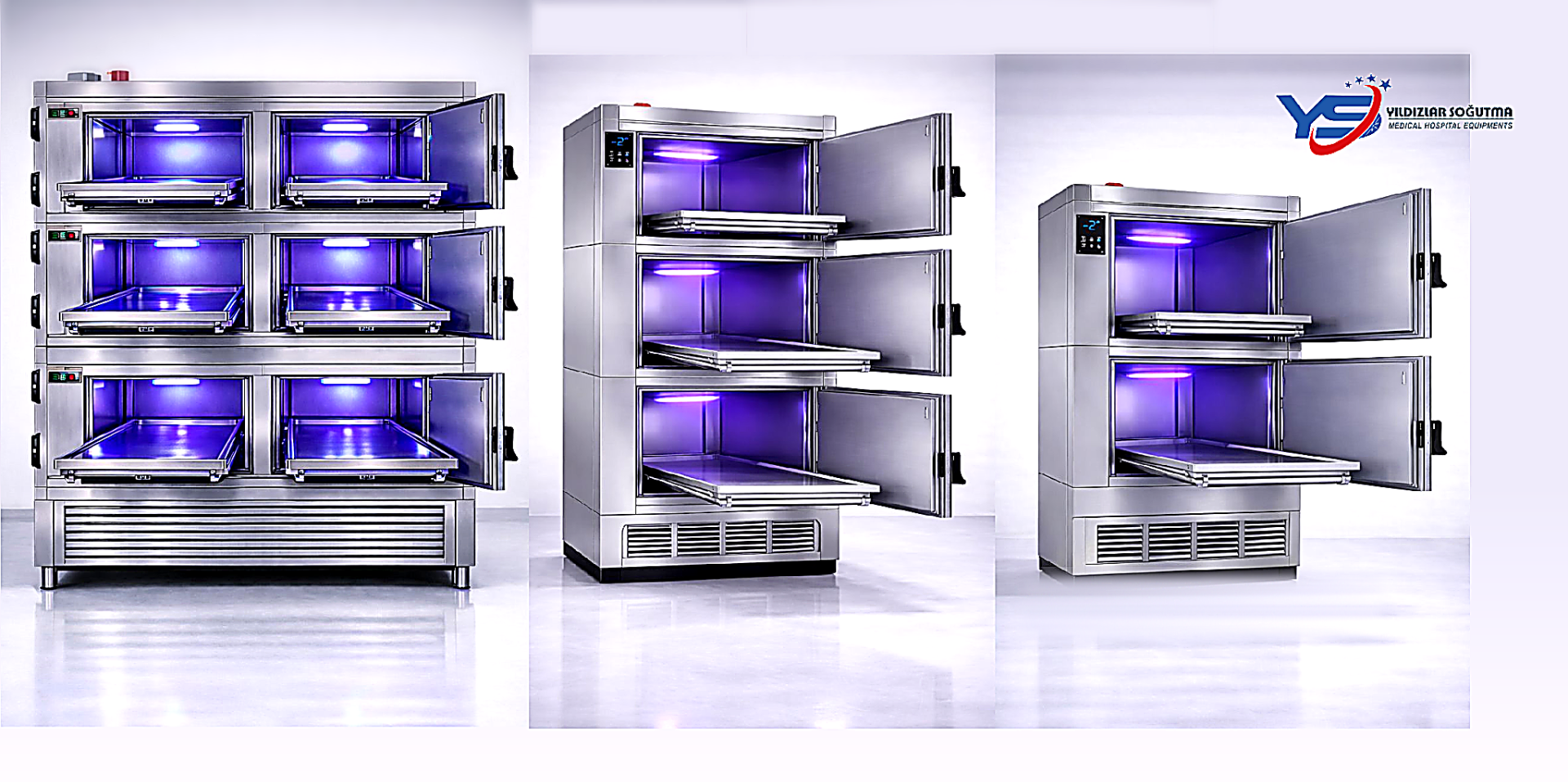 1, 2, 3, 4 ve 6 üniteli morg dolabı modelleri. Yandan ve baştan yüklemeli, üstü yıkamalı morg sistemleri. 304 kalite paslanmaz üretim ve anahtar teslim kurulum.